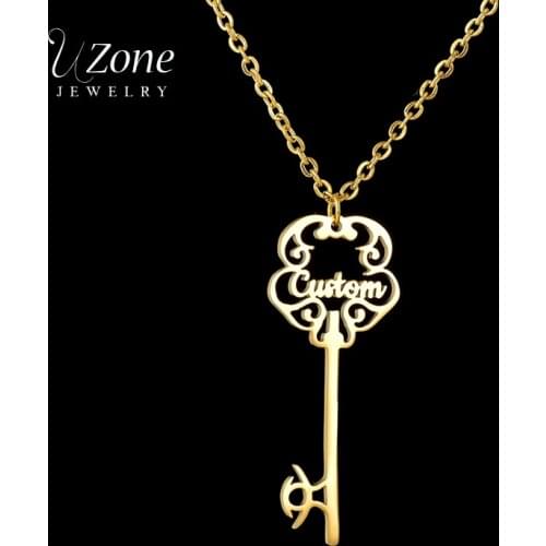 Uzone Gold Stainless Steel Custom Key Name Necklace Personalized Letter Name Necklaces Collar For Women Girls Birthday Gift