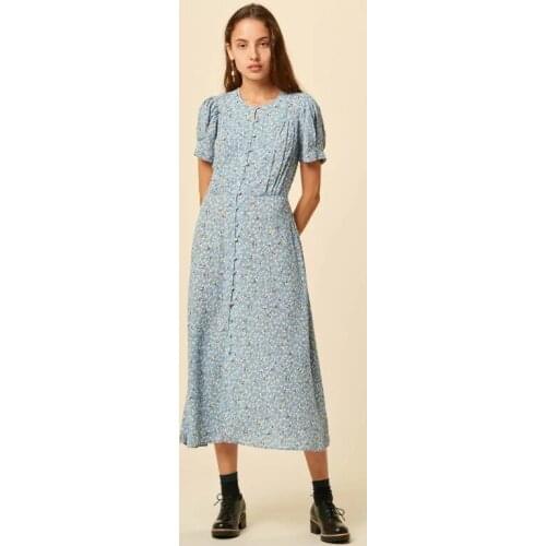 2021 New Summer Fashion Flower Print Blue Short Sleeve Trendy Brand Luxury Temperament Versatile Dress High Waist Thin Skirt