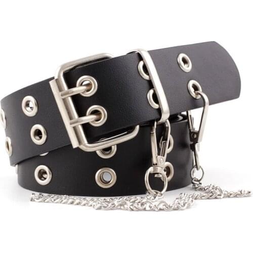 OLOME Vintage Women Punk Chain Belt Black Double Single Eyelet Grommet Leather Buckle Belt Female Ladies Waist Jeans Belts