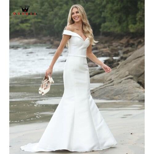 Sexy Mermaid V-neck Wedding Dresses Satin 2021 New Design Long Formal Simple Bride Dresses Custom Size BZ21