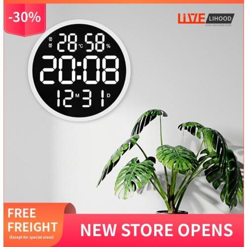 LED Wall Clock Round Clock Digital Temperature and Humidity Electronic Clock 12 Inch Living Room Wall Clock Home Decoration