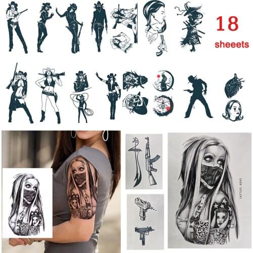 18 Sheets Woman Waterproof Temporary Tattoos Lasting Fake Tattoos Sexy Masked Girl woman with Gun Kissing Cowboy Shooti