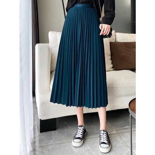 TIGENA Elegant Pleated Long Skirt for Women 2021 Autumn Casual Solid All-match A Line High Waist Mid-length Skirt Female Green