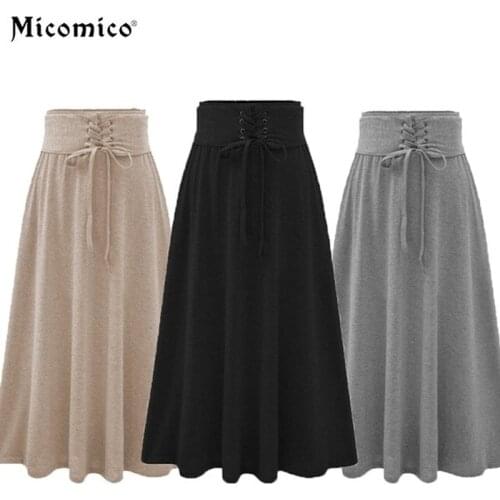 ZOGAA Fashion womens cotton high waist bandage pleated long skirt