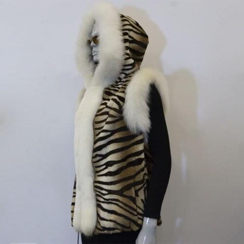 Women Autumn Winter Spring Original Natural Rex Rabbit Fur Tiger Comfortable Famale Sleeveless White Fox Collar Vest