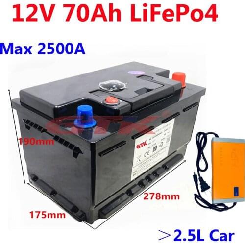 2500A Car Start Battery 12V 12.8V 70Ah LiFePo4 lithium battery for 2.5L 3.0L 4.0L 5.0L Gasoline cars diesel cars+10A charger