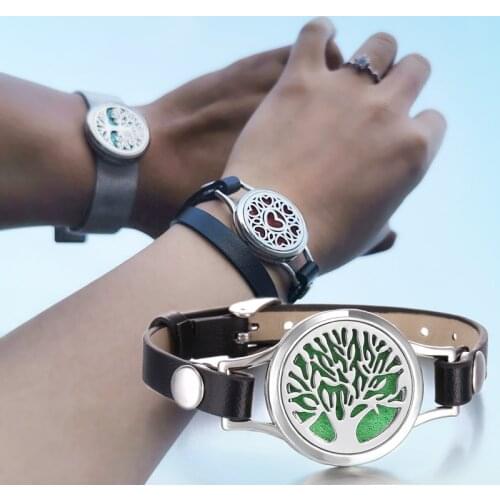 Aromatherapy Jewelry Essential Oil Diffuser Bracelet Tree of Life Black Leather Locket Bracelet Wristband Aroma Diffuser Jewelry