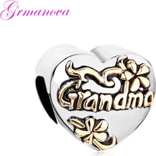 Heart-shaped golden flowers grandmother love fashion charm beads DIY handmade jewelry amulet Fit Pandora Bracelet Necklace