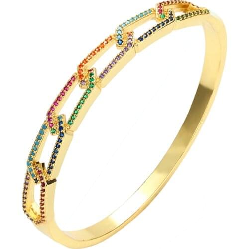 Womens Gold Bangles Bracelets Rainbow Lock Copper Cubic Zirconia 18K Gold Plated Adjustable Open Bangles Heart Hollow Bangle