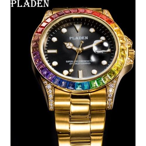 PLADEN Mens Watches Stainless Steel Waterproof Fashion AAA Citizen Quartz Wristwatches Colorful Diamond Sapphire Rado Male Watch