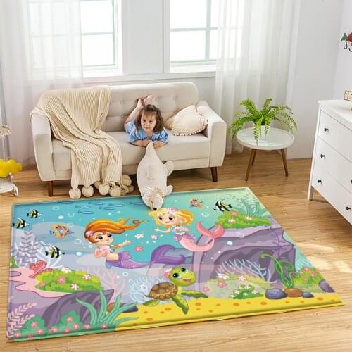 Hot Sale Ocean Shark and Mermaid Pattern Non-Slip Children Flannel Carpet Baby Hand Print Carpet Baby Play Mat Children Carpet