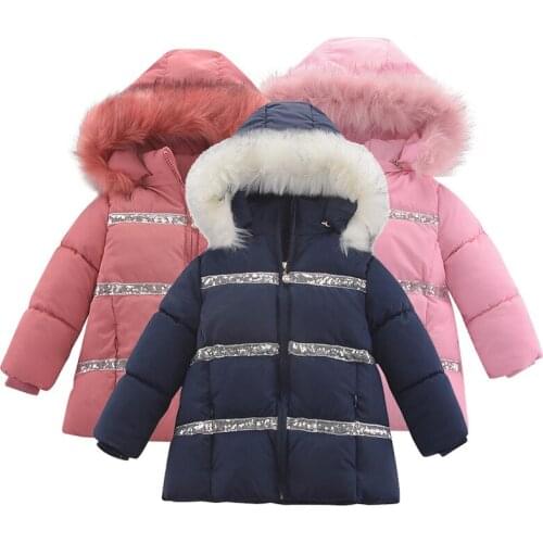 Childrens Coat Outwear Winter Fur Hoodies Jacket For Girls Teenage Warm Hooded Thick Cotton-Padded Long Solid Coat 3-8Y