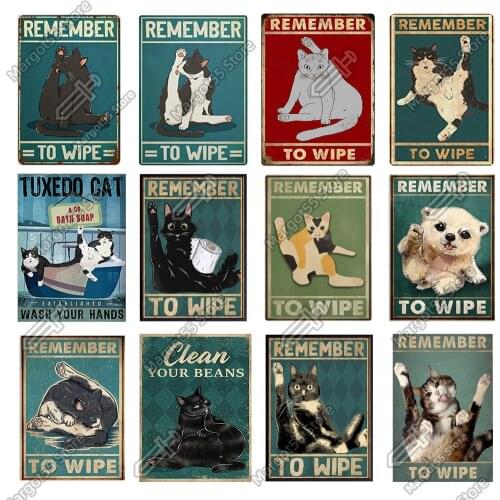 Pet Cats Remember To Wipe Wall Art Decor Retro Tin Sign Plate Parlor Bar Club Bathroom Coff Room Decor Male for Cat Lover Gift