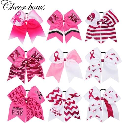7" Cheer Bows Breast Cancel Awareness Hair Bow for Girls Pink Glitter Ribbon Bowknot Elastic Hair Band Handmade Hair Accessories