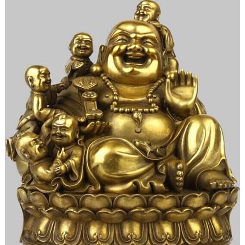 6" China BRASS Buddhism Happy Maitreya Buddha Boy Hand Hold Ruyi Statue wholesale factory BRASS Arts outlets