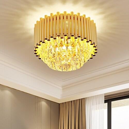 American Modern K9 Crystal Ceiling Lights Fixture LED Golden Round Ceiling Lamp Luxury Hotel Restaurant Home Indoor Lighting