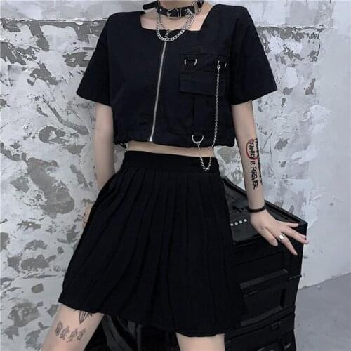 Ins Tooling Shirt Womens New Loose Korean Version Of The Wild Black Punk Carat Chain Short Square Neck T-shirt Top Cardigan