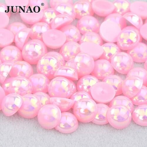 JUNAO 2 4 6 8 10 12 14mm Pink AB Flatback Round Pearls Bling Half Beads Stickers Glue On Crystal Stones Nail Art Decoration
