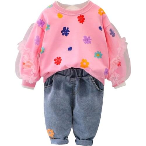 2021 Spring Autumn Clothes Girls Set Outfit Flower Lace Ruffles Tops+ Denim Trousers Suit Flower Children Clothing 1 2 3 4 Years
