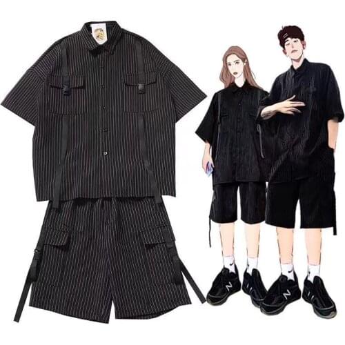 Korean Fashion Summer Cargo Shorts Set Two Piece Loose Tracksuit Short Sleeve Oversized T-shirts Streetwear Outfits Men Clothes