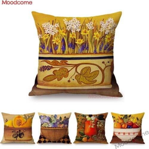 Still Life Oil Painting Daffodil Flower Fruits Lemon Country Kitchen Art Sofa Throw Pillow Case Cotton Linen Decor Cushion Cover