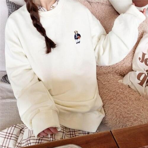 New Autumn Hoodies Women College Style Hoodie Vintage Loose Round Neck Pullover Cartoon Bear Embroidery Hoodie Casual Man Hoodie