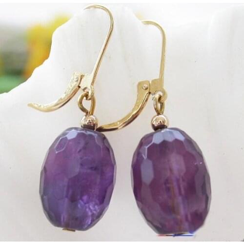 New Arrival Favorite Gemstone Earring 16mm Egg Faceted Purple Amethyst Gold Dangle Earring Charming Lady Gift Wedding Jewelry
