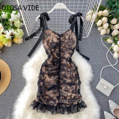 DIOSA VIDE temperament lady ladies high-end small dress sexy ribbon stitching super fairy lace fold slim body package hip dress