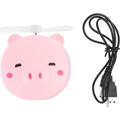 MEXI 3-in-1 Mini Cute Fan with LED Makeup Mirror Cartoon Pig Shape USB Portable Charging Pocket Fan