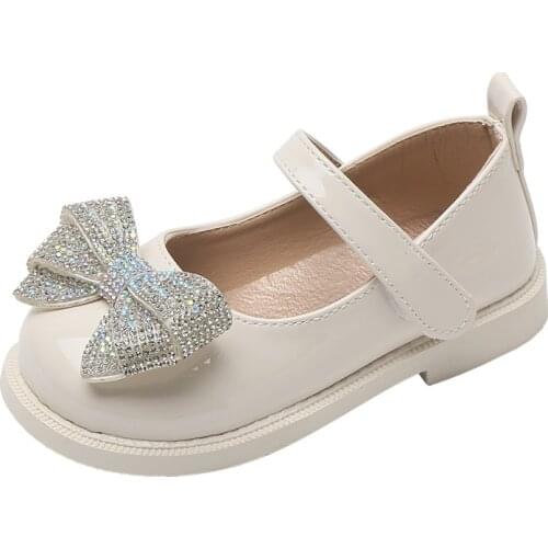 Girls' Casual Shoes 2021 New Fashion Rhinestone Leather Shoes Children Princess Shoes Soft Bottom Sweet Bow-knot School Shoes