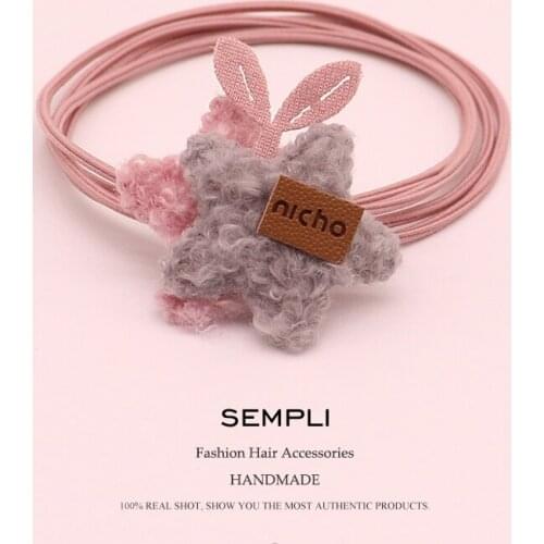 Sempli Pink Seedling Double Pentagram Star Cloth Hand Knotted Women Elastic Hair Bands Kid Children Rubber Bands High Elasticity
