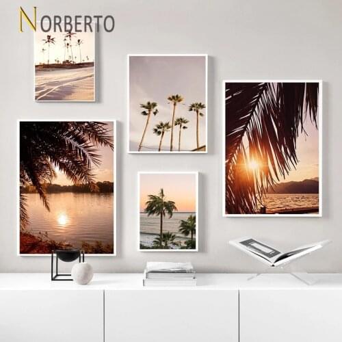 Modern Canvas Painting Poster Print Natural Scenery Sunset Clouds Coconut Trees Seaside Beach for Home Rooms Gallery Wall Decora