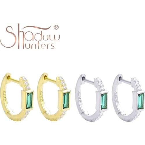 SHADOWHUNTERS Real 925 Sterling Silver Green Square Crystal Huggies Earrings For Women Jewelry Elegant Hoop Earrings With Zircon
