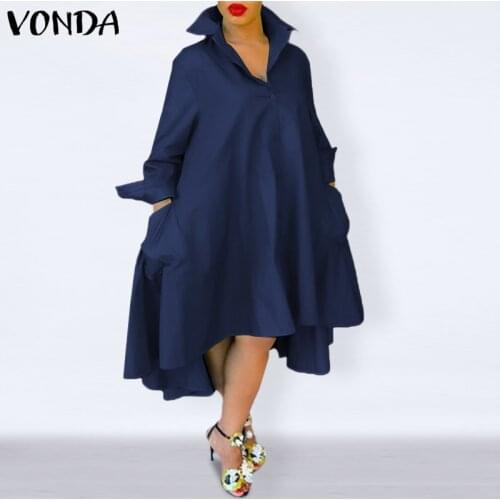 Loose Dress Women Casual Lapel Neck Dress Women Bohemian Sundress VONDA 2021 Plus Size Vestidos Elegant Sundress Robe Femme