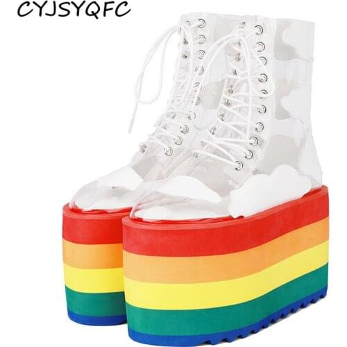 CYJSYQFC PVC Transparent Women Ankle Boots Rainbow Platform Shoes Fall Winter Lace Up Thick Bottom Height Increasing Flat Shoes