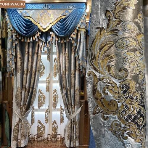 Custom curtain American luxury palace gray blue inlaid gold printed velvet cloth blackout curtain valance tulle panel C527