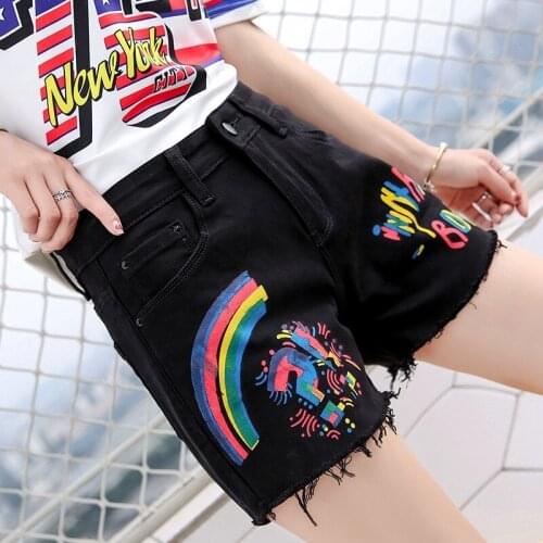 High Waist Black Short Jeans Women Summer Slim Stretch Tassel Print Shorts Streetwear Fashion Painted Straight Denim Shorts