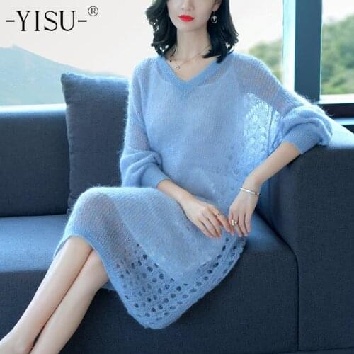 YISU Women Mohair Fashion Sweater New Autumn Winter Knitted top Women Hollow Knitted Pullovers long wool Sweater