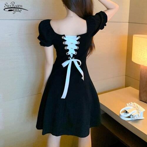 2021 Square Neck Sexy Backless Lace-up Dress Korean Summer Dress Women Waist Slim Puff Short Sleeve A-line Tie Black Dress 14575