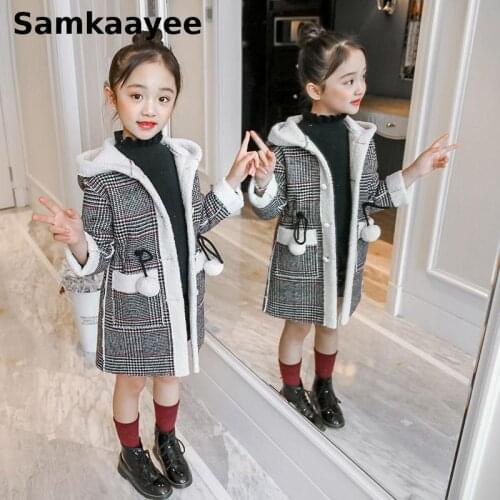 5-15y Girls Woolen Jackets Winter Kids Coat Hooded Outerwear Single-Breasted Plaid Blends Children Waist Line Clothes Overcoat 4
