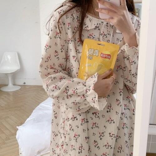 2021 flowers print nightgowns women sleepwear ruffles peter pan collar long sleeve homewear dress lapel cotton nightdres Y404
