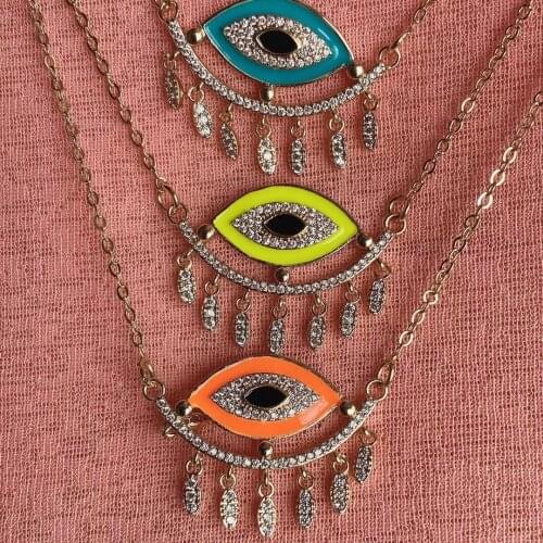5PCS, Micro Pave Zircon Greek Eye Colorful Enamel Charm Pendant Necklace Gold Link Chain Choker Female Necklace Gift