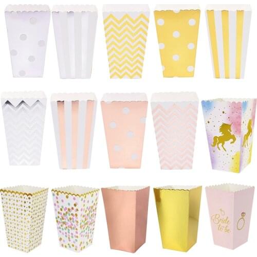 6/12pcs Gold Silver Paper Popcorn Box Dot Wave Striped Pop Corn Candy Sanck Box Xmas Wedding Kid Birthday Party Favor Decoration