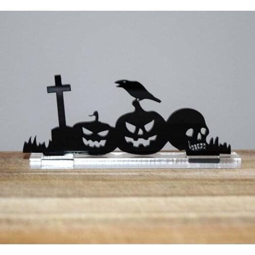 Acrylic Halloween Decor Pumpkin Skull Crow Cross Ornament with Base Festival Themed Statue for Desktop Car Shelf Black