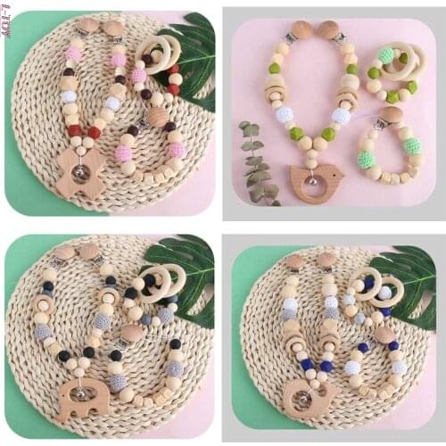 Baby Teether Wooden Nursing Molar Soother Teething Pendant Pram Clip Hanging Toy Pacifier Chain Stroller Mobile Rattle