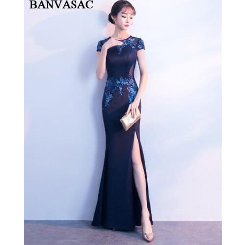 BANVASAC Illusion O Neck Sequined Split Mermaid Long Evening Dresses Lace Appliques Short Cap Sleeve Party Prom Gowns
