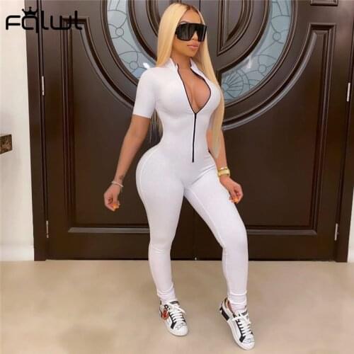 FQLWL Bodycon Jumpsuit Women One Piece Outfit Streetwear Zip Up Fitness Sexy Rompers 2021 Ladies White Black Jumpsuits Female