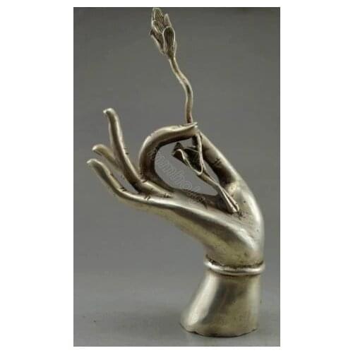 Exquisite Chinese Collectible Decorated Old Tibetan Silver Kwan-yin Hand Hold Lotus Statue