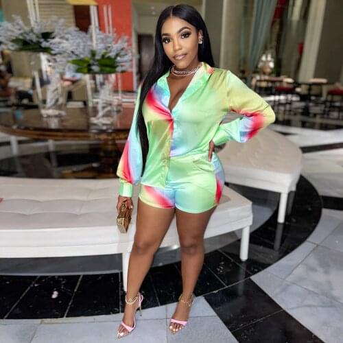 Summer Satin Two Piece Set Women Fashion Color Printing Shirt Shorts Suit Casual Silk Two Piece Set Women