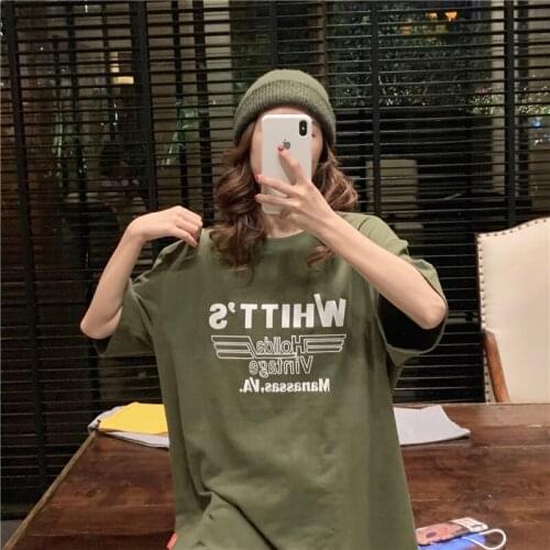 Summer college style letter printing half-sleeved mid-length loose cotton T-shirt all-match casual women